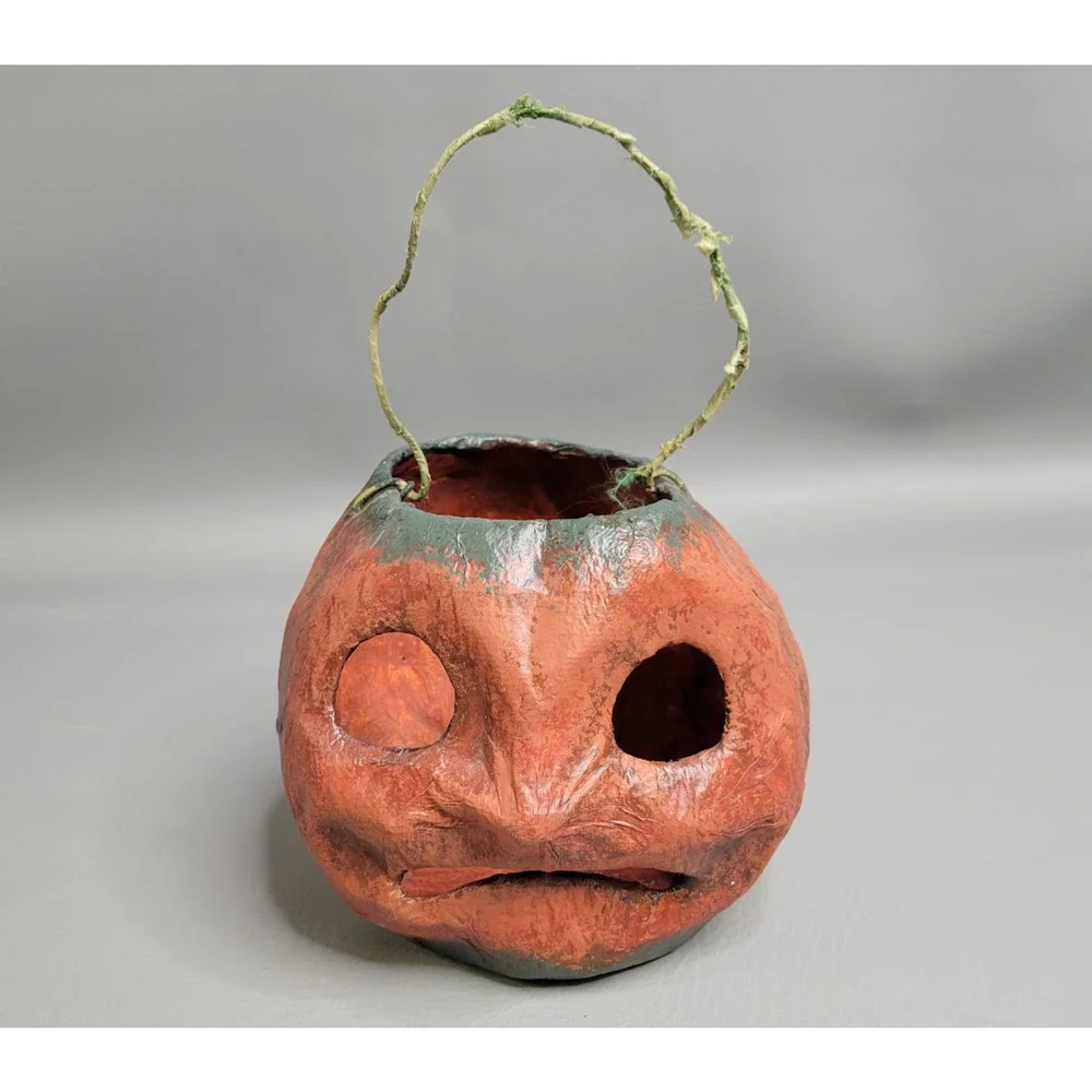 Halloween Paper Mache Pumpkin Pulp Paper Jack O Lantern Orange and Green Frown